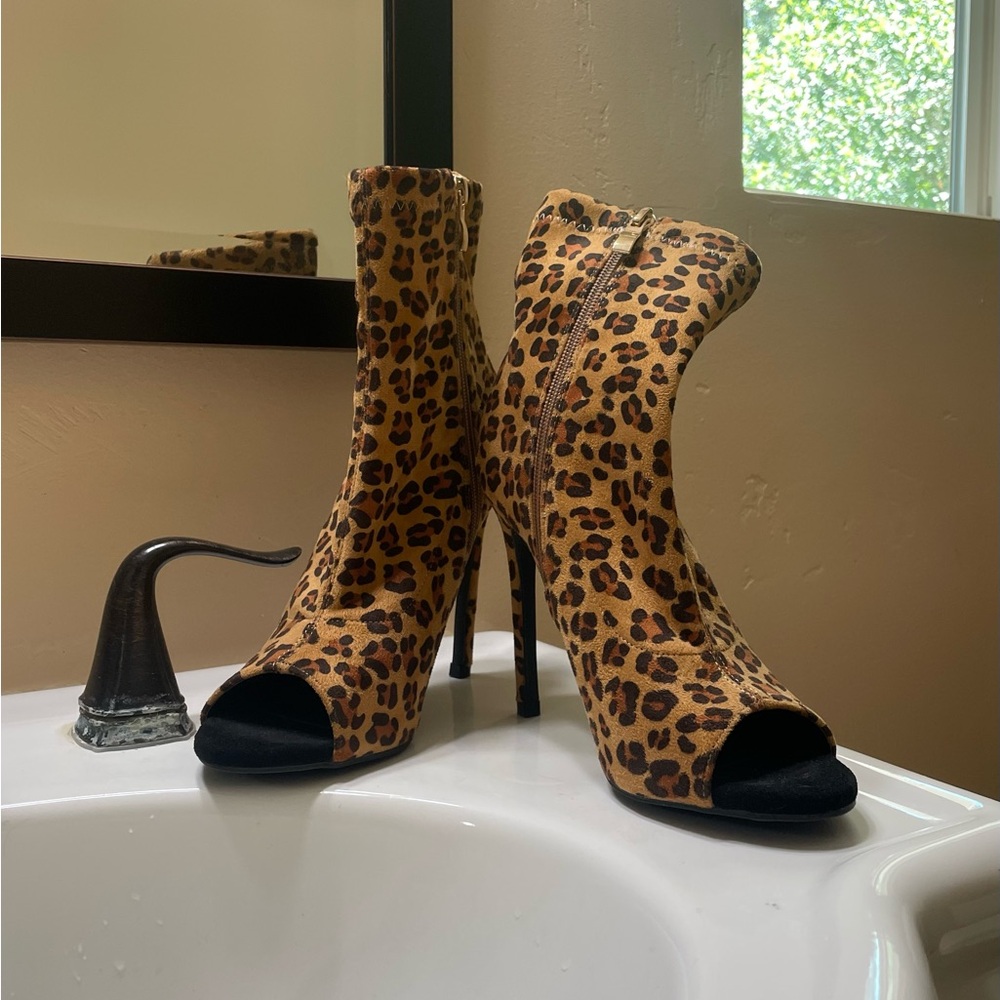Leopard Print Peep Toe Ankle Boots